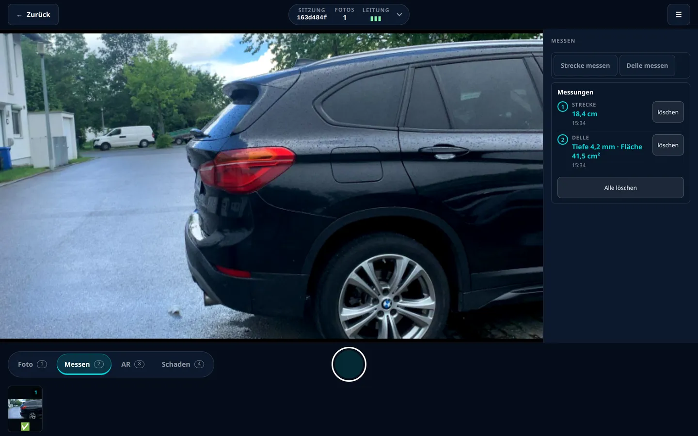 Dashboard im Modus Messen mit einer gemessenen Strecke am Fahrzeug.